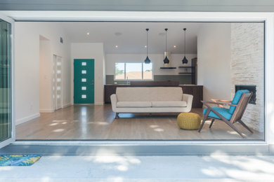 Living room - mid-sized contemporary formal and open concept light wood floor and beige floor living room idea in San Francisco with white walls, a standard fireplace, a stone fireplace and no tv