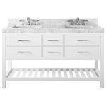 Ancerre Designs - Elizabeth Bath Vanity Set, White, 60", Brushed Nickel Hardware, Without Mirror - The Elizabeth collection is a pure transitional design that brings balance & harmony to any space. From selecting quality wood and using the most durable soft-close hardware, no details was overlooked in crafting the Elizabeth 60 in. Vanity set. The vanity set includes a furniture style cabinet, a high profile Italian Carrara white marble top with a 4 in. Backsplash, wide rectangular under mount basin, solid wood dovetailed drawer boxes, soft-close doors & drawers and brushed nickel hardware. Complete the look with our mirrors which are sold separately (M-24-W)