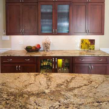 Long Dry Bar Wall with Ribbed Glass Cabinets