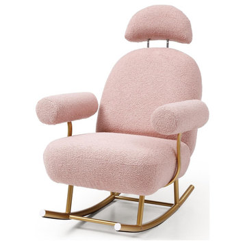 Modern Rocking Chair, Gold Metal Frame With Sherpa Seat & Cylindrical Arms, Pink