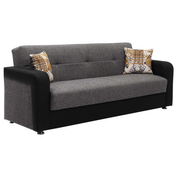 Modern Sleeper Sofa, Buttonless Tufted Back, Grey Chenille/Black Leatherette