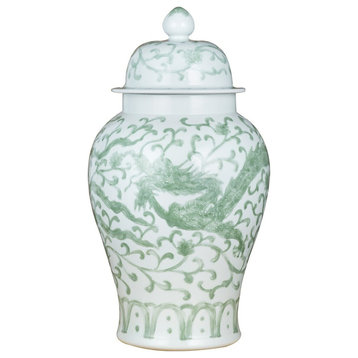 Beautiful Green and White Porcelain Medallion Shaped Temple Jar Dragon Lotus 21"