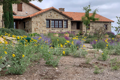 Ejemplo de jardín de secano en primavera en patio trasero con parterre de flores, exposición total al sol y mantillo