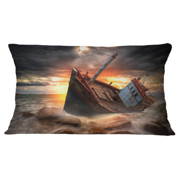 Fishing Boat Beached Landscape Photography Throw Pillow, 12"x20"