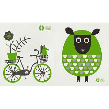 Swedish Dishcloth/Sponge Cloth, Mid-century Modern 2-Pk Sheep + Bicycle, Spring