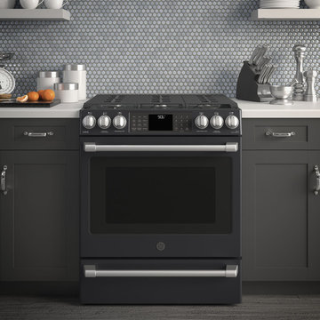 GE Café Series 30" Slide-In Front Control Range with Warming Drawer