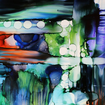 Escape - Fun, Abstract Colorful Painting, Red, Green, Teal, Pink Metal Wall Art