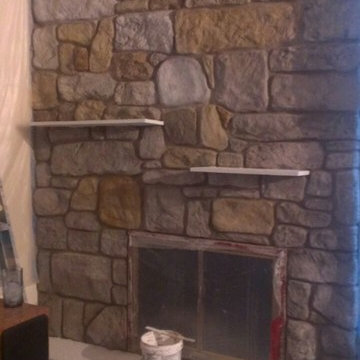 Painted brick to "stone" fireplace