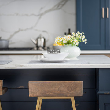 Dark Blue Painted Modern Farmhouse Kitchen Island with Shiplap and Decorative Co