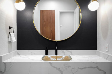 Inspiration for a mid-sized modern 3/4 porcelain tile, brown floor and single-sink bathroom remodel in Phoenix with multicolored walls, a vessel sink, quartz countertops, white countertops and a floating vanity