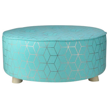 20" Blue and Copper Geometric Print Round Foot Stool