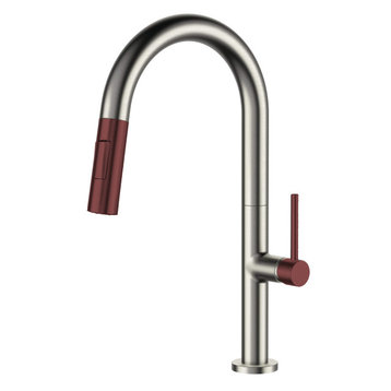 Fine Fixtures Pull Down Single Handle Kitchen Faucet, Satin Nickel/Red