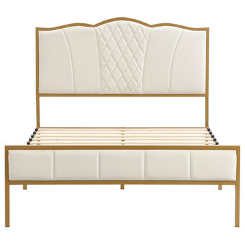 Gewnee Modern Full Size Upholstere Platform Bed in Beige