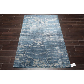 3'11''x5'9'' Hand Knotted Wool Hip Designer Oriental Area Rug Blue, Gray