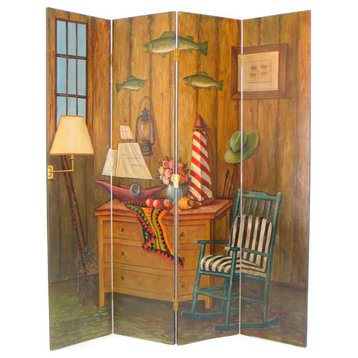 Traditional Room Divider, 4 Panels With Unique Fish & Sea Life Theme Painting