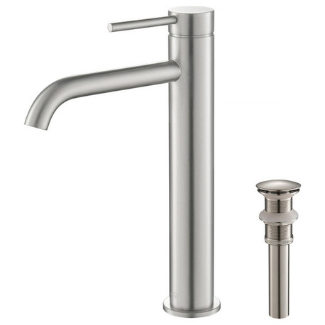 Circular Brass Single Handle Bathroom Faucet KBF1009, Brush Nickel, With Drain