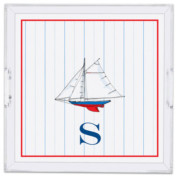 Square Lucite Tray Sailboat Single Initial, Letter M