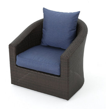 GDF Studio Dillard Outdoor Mix Brown Wicker Swivel Club Chair, Navy Blue, Single