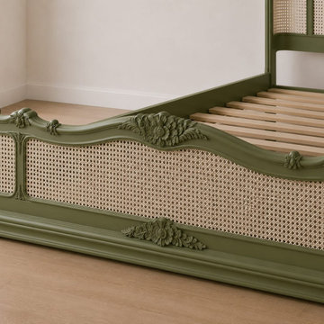 French Cane Footboard | Hand-Carved Sage Green Louis XV Bed