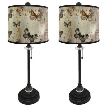 28" Crystal Lamp With Butterfly Graphic Shade, Oil Rubbed Bronze, Set of 2