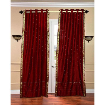 Maroon Ring Top  Sheer Sari Curtain / Drape / Panel   - 43W x 84L - Piece