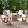 Merry Outdoor Acacia Wood 4 Seater Club Chairs and Fire Pit Set