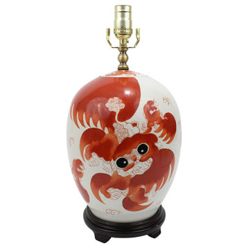 Vintage Style Orange Foo Dog Porcelain Lamp With Shade and Finial