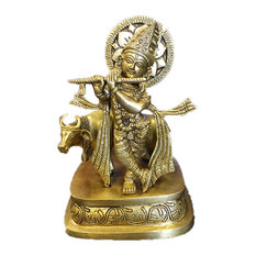 Mogul Interior - Lord Krishna Brass Statue Playing Flute From India, Religious Gift Idea - Decorative Objects And Figurines
