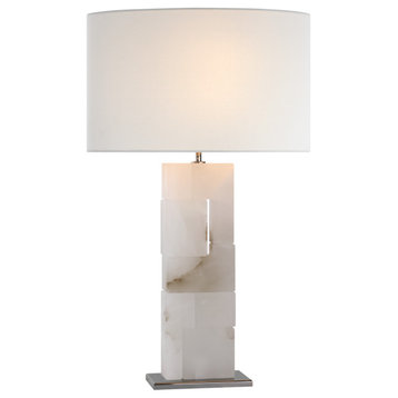 Ashlar Large Table Lamp in Alabaster and Polished Nickel with Linen Shade