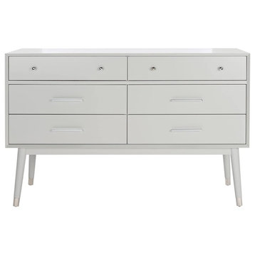 Retro Modern Double Dresser, Silver Metal Pulls Handles and Capped Legs, Grey