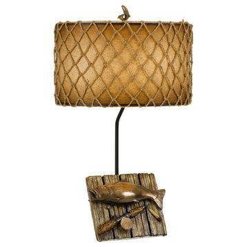 150W Fishing Resin Table Lamp, Cast Bronze Finish, Brown Shade