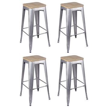 Metal Backless Silver Bar Stools With Light Wooden Seat, Set of 4