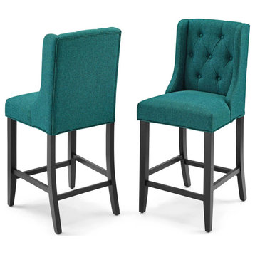 Counter Stool Chair, Set of 2, Fabric, Wood, Teal Blue, Modern, Bar Pub Bistro