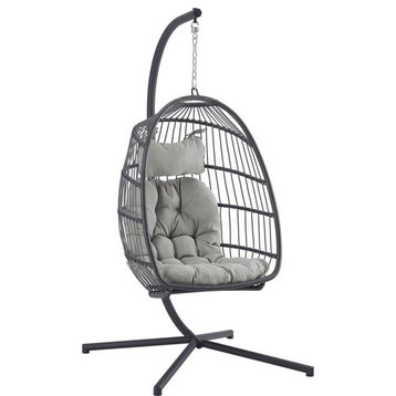 Walker Edison Resin Rattan Wicker Swing Egg Chair with Stand in Gray/Gray