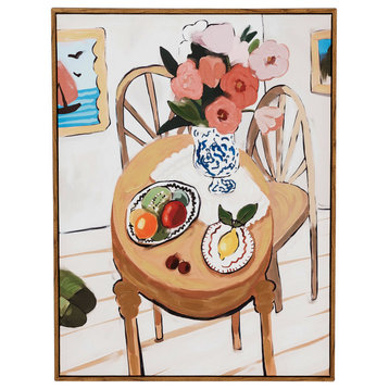 Framed Canvas Hand-Painted Wall Decor With Flowers on Table Portrait, Multicolor