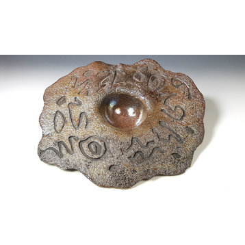 Ancient Symbols Raku Bowl with Bronze Textured Surface by Vicki Gardner