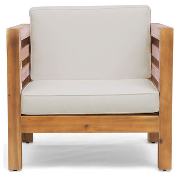 Louise Outdoor Acacia Wood Club Chair With Cushion, Beige