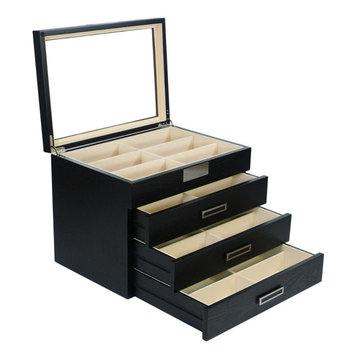 24 Piece Large Black Wood Eyeglass Four Level Glasses Display Case with Drawer