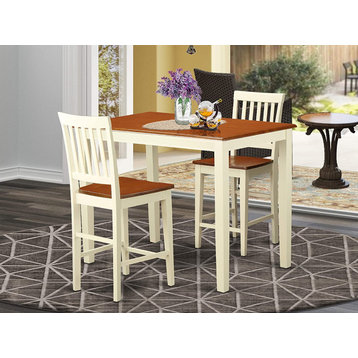 3 Pieces Dining Set, Rectangular Top With Slatted Back Chairs, Buttermilk/Cherry