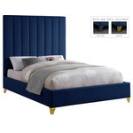 Meridian Furniture - Via Velvet Upholstered Bed, Navy, Queen - Take the look of your bedroom to new decorative heights with this ultra-modern Via upholstered queen bed. Rich navy velvet upholstery gives this bed a true upscale feel and epitomizes fine living while channel tufting along the headboard keeps the padded material inside plump and it also cradles your body while you sit up in bed to watch TV or read. Metal legs bring this platform bed up off the floor, allowing clearance below for cleaning and adding to its svelte contemporary profile.