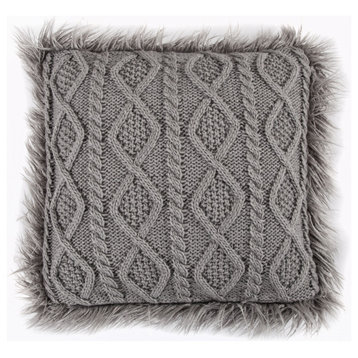 Cable Knit Mongolian Fur Throw Pillow, 18"x18", 1 Piece, Gray
