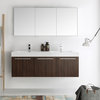 Fresca Vista 60" Walnut Wall Hung Double Sink Bathroom Vanity, Medicine Cabinet