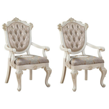 Wooden Arm Chair With Floral Patterned Padded Seat, Set of 2,White and Gold