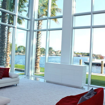 Waterfront Living Room Floor to Ceiling Windows