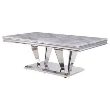 Contemporary Coffee Table, Elegant Mirrored Silver Base With Faux Marble Top
