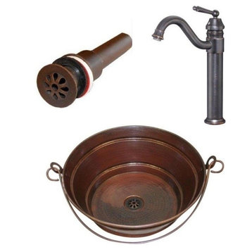 15" Round Copper Bucket Vessel Sink with Drain,  and Faucet Combo