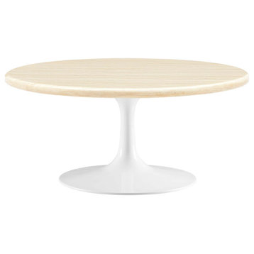 Lippa 36" Round Artificial Travertine Coffee Table, White Travertine