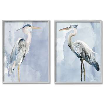 Heron Birds Standing Blue Sky Watercolor Painting, 2pc, each 11 x 14