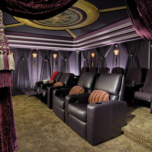 Design ideas for a classic home cinema in New York with purple walls.