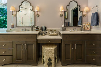 Large elegant master white tile and ceramic tile porcelain tile and gray floor bathroom photo in Other with recessed-panel cabinets, dark wood cabinets, gray walls, an undermount sink, quartz countertops and a hinged shower door